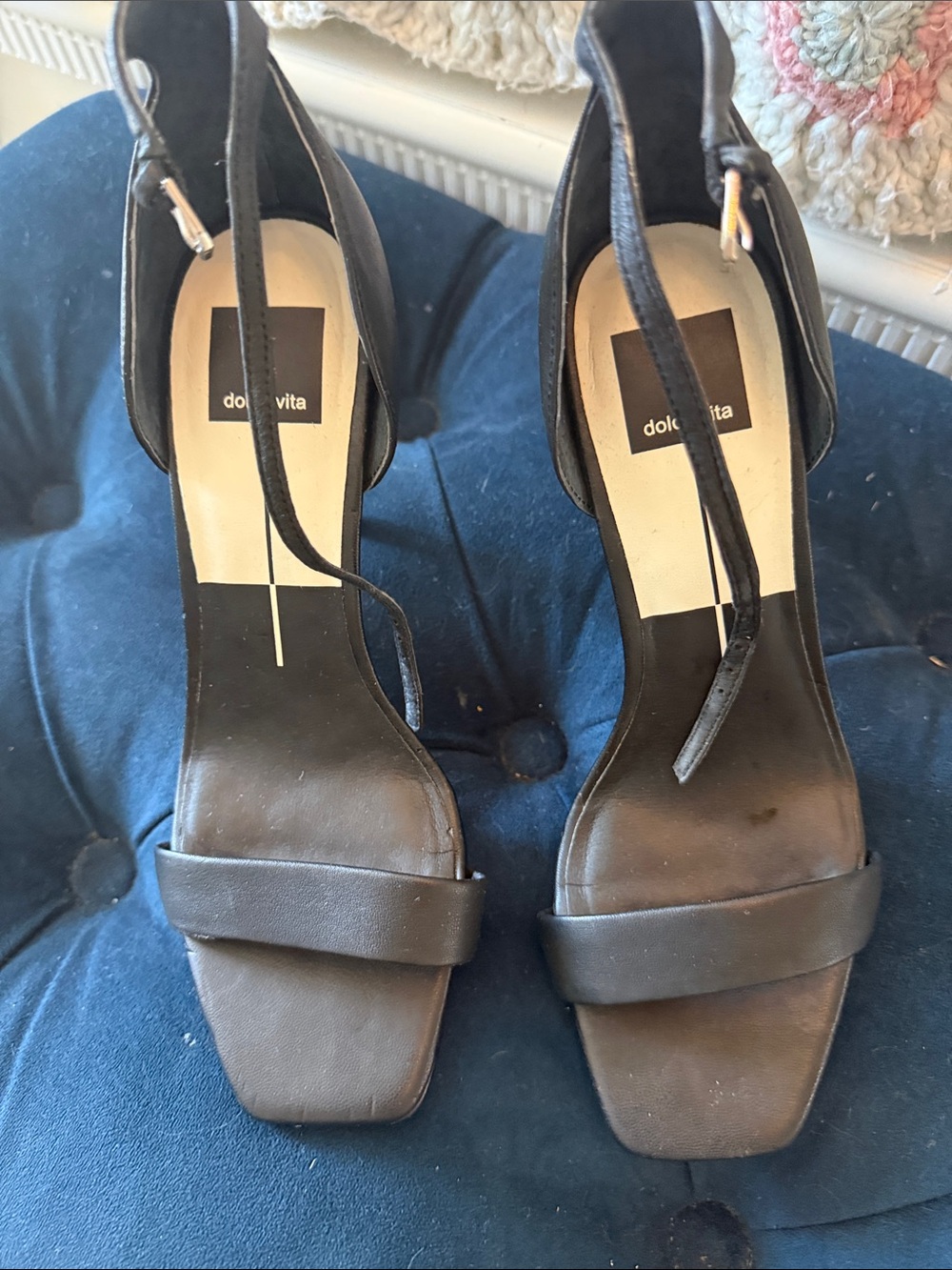 Dolce Vita Black Leather Square-Toe Ankle-Strap Heels